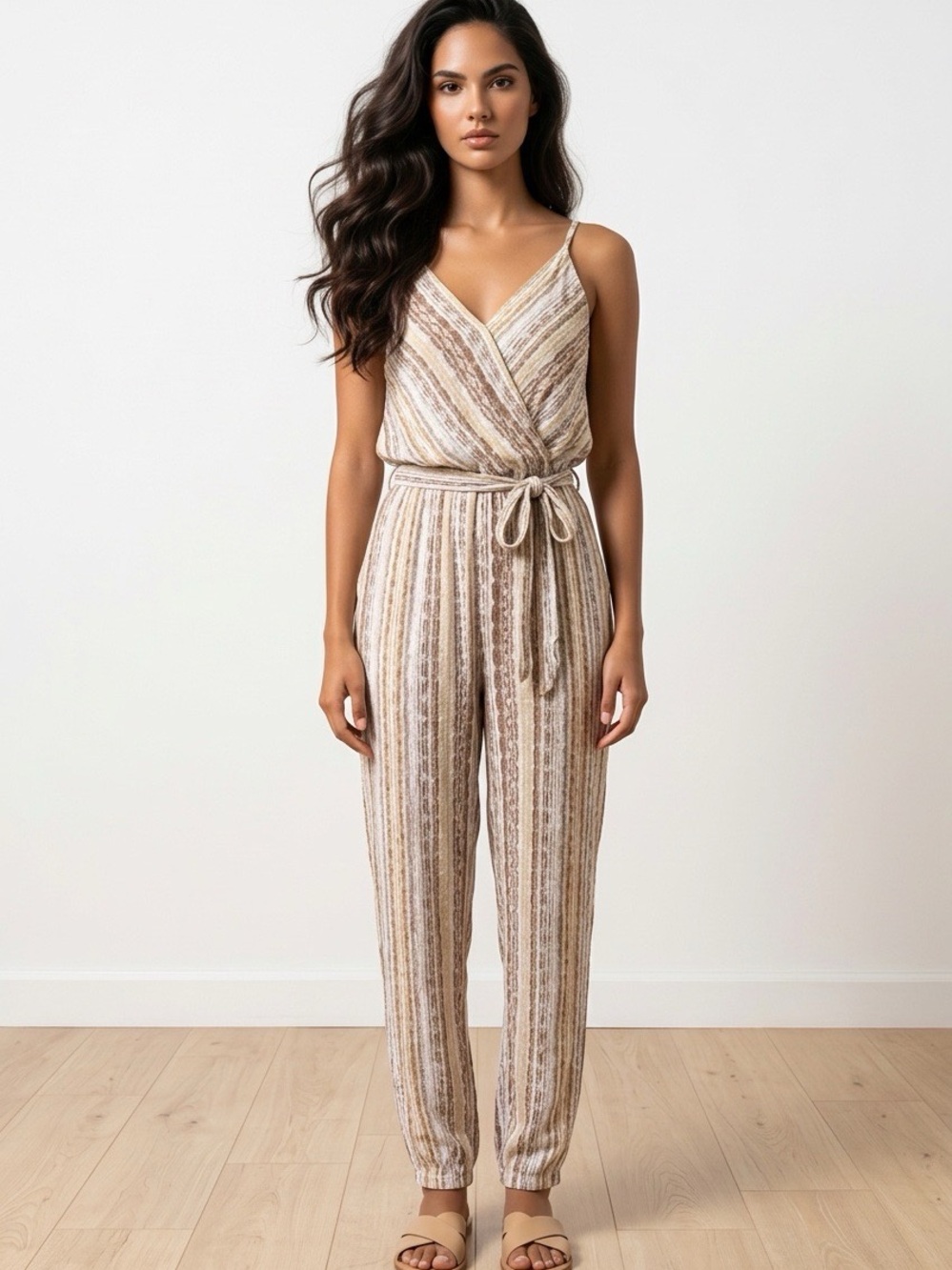Dress Forum Beige & Cream Striped Sleeveless Wrap Jumpsuit with Tie Waist